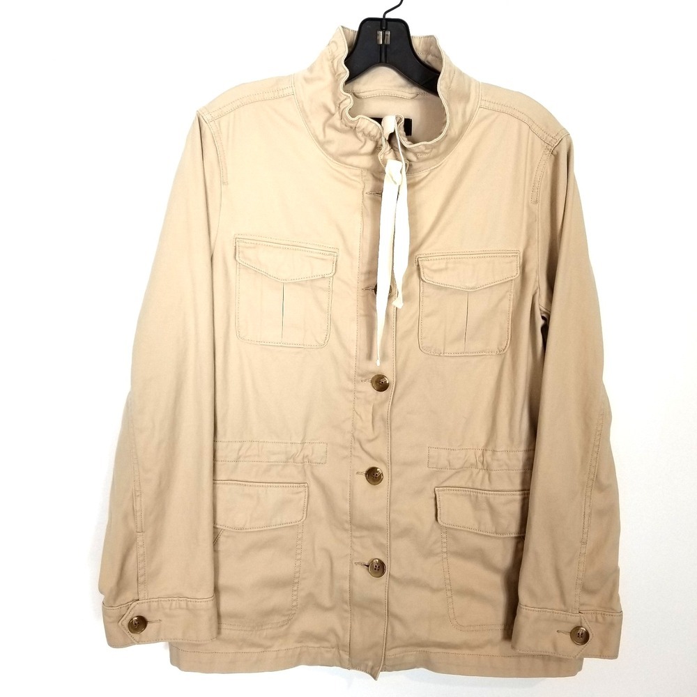 Talbots Womens Safari Jacket Sz M Beige Flap Pockets Stretch Drawstring Button